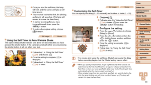 Page 3434
1
2
3
4
5
6
7
8
9
Cover 
Before Use
Common Camera 
Operations
Advanced Guide
Camera Basics
Auto Mode
Other Shooting 
Modes
P Mode
Playback Mode
Setting Menu
Accessories
Appendix
Index
Basic Guide
Tv, Av, and M 
Mode
zzOnce you start the self-timer, the lamp 
will blink and the camera will play a self-
timer sound.
zzTwo seconds before the shot, the blinking 
and sound will speed up. (The lamp will 
remain
	lit	in	case	the	flash	fires.)
zzTo cancel shooting after you have 
triggered the self-timer,...