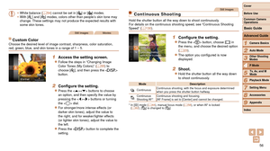 Page 5656
1
2
3
4
5
6
7
8
9
Cover 
Before Use
Common Camera 
Operations
Advanced Guide
Camera Basics
Auto Mode
Other Shooting 
Modes
P Mode
Playback Mode
Setting Menu
Accessories
Appendix
Index
Basic Guide
Tv, Av, and M 
Mode
•	 White balance ( =  54) cannot be set in [] or [] modes.
•	 With [] and [] modes, colors other than people’s skin tone may 
change. These settings may not produce the expected results with 
some skin tones.
Still ImagesMovies
Custom ColorChoose the desired level of image contrast,...