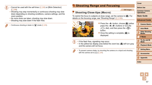 Page 5757
1
2
3
4
5
6
7
8
9
Cover 
Before Use
Common Camera 
Operations
Advanced Guide
Camera Basics
Auto Mode
Other Shooting 
Modes
P Mode
Playback Mode
Setting Menu
Accessories
Appendix
Index
Basic Guide
Tv, Av, and M 
Mode
•	 Cannot be used with the self-timer ( =  33) or [Blink Detection] 
(=  39).
•	 Shooting may stop momentarily or continuous shooting may slow 
down depending on shooting conditions, camera settings, and the 
zoom position.
•	 As more shots are taken, shooting may slow down.
•	 Shooting...