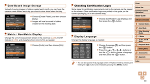 Page 9393
1
2
3
4
5
6
7
8
9
Cover 
Before Use
Common Camera 
Operations
Advanced Guide
Camera Basics
Auto Mode
Other Shooting 
Modes
P Mode
Playback Mode
Setting Menu
Accessories
Appendix
Index
Basic Guide
Tv, Av, and M 
Mode
Date-Based Image Storage
Instead of saving images in folders created each month, you can have the\
 
camera create folders each day you shoot to store shots taken that day.
zzChoose [Create Folder], and then choose 
[Daily].
zzImages will now be saved in folders 
created on the shooting...