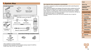 Page 9696
1
2
3
4
5
6
7
8
9
Cover 
Before Use
Common Camera 
Operations
Advanced Guide
Camera Basics
Auto Mode
Other Shooting 
Modes
P Mode
Playback Mode
Setting Menu
Accessories
Appendix
Index
Basic Guide
Tv, Av, and M 
Mode
System Map
Wrist Strap Battery Pack
NB-6LH*1Battery ChargerCB-2LY/2LYE*1
USB Cable (camera end: Mini-B)*2
Memory Card Card Reader Windows/
Macintosh  Computer
TV/Video
	System
AC Adapter  Kit
ACK-DC40
Included Accessories
Power Cables
Stereo	AV	Cable	AVC-DC400ST
Flash Unit Canon-Brand...