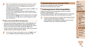 Page 102102
1
2
3
4
5
6
7
8
9
10
Cover 
Before Use
Common Camera 
Operations
Advanced Guide
Camera Basics
Auto Mode
Other Shooting 
Modes
P Mode
Playback Mode
Wi-Fi Functions
Setting Menu
Accessories
Appendix
Index
Basic Guide
Tv, Av, and M 
Mode
•	 When connecting wirelessly to any device other than a computer, a memory 
card must be inserted in the camera. Additionally, the memory card must 
contain images in order for you to access Web services or connect to a 
smartphone or printer wirelessly.
•	 To change...