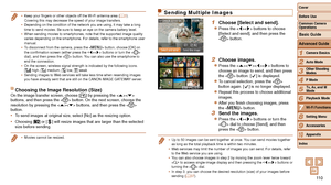 Page 11011 0
1
2
3
4
5
6
7
8
9
10
Cover 
Before Use
Common Camera 
Operations
Advanced Guide
Camera Basics
Auto Mode
Other Shooting 
Modes
P Mode
Playback Mode
Wi-Fi Functions
Setting Menu
Accessories
Appendix
Index
Basic Guide
Tv, Av, and M 
Mode
•	 Keep your fingers or other objects off the Wi-Fi antenna area (=  3). 
Covering this may decrease the speed of your image transfers.
•	 Depending on the condition of the network you are using, it may take a long 
time to send movies. Be sure to keep an eye on the...