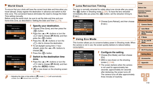 Page 11911 9
1
2
3
4
5
6
7
8
9
10
Cover 
Before Use
Common Camera 
Operations
Advanced Guide
Camera Basics
Auto Mode
Other Shooting 
Modes
P Mode
Playback Mode
Wi-Fi Functions
Setting Menu
Accessories
Appendix
Index
Basic Guide
Tv, Av, and M 
Mode
World Clock
To ensure that your shots will have the correct local date and time when \
you 
travel abroad, simply register the destination in advance and switch to \
that 
time zone. This convenient feature eliminates the need to change the Date/
Time setting...