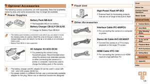 Page 126126
1
2
3
4
5
6
7
8
9
10
Cover 
Before Use
Common Camera 
Operations
Advanced Guide
Camera Basics
Auto Mode
Other Shooting 
Modes
P Mode
Playback Mode
Wi-Fi Functions
Setting Menu
Accessories
Appendix
Index
Basic Guide
Tv, Av, and M 
Mode
Optional Accessories
The following camera accessories are sold separately. Note that availability 
varies by area, and some accessories may no longer be available.
Power Supplies
Battery Pack NB-6LH
zzRechargeable lithium-ion battery
Battery Charger CB-2LY/CB-2LYE...