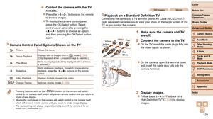 Page 129129
1
2
3
4
5
6
7
8
9
10
Cover 
Before Use
Common Camera 
Operations
Advanced Guide
Camera Basics
Auto Mode
Other Shooting 
Modes
P Mode
Playback Mode
Wi-Fi Functions
Setting Menu
Accessories
Appendix
Index
Basic Guide
Tv, Av, and M 
Mode
4 Control the camera with the TV 
remote.
zzPress the  buttons on the remote 
to browse images.
zzTo display the camera control panel, 
press the OK/Select button. Select 
control panel options by pressing the 
 buttons to choose an option, 
and then pressing the...