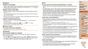 Page 145145
1
2
3
4
5
6
7
8
9
10
Cover 
Before Use
Common Camera 
Operations
Advanced Guide
Camera Basics
Auto Mode
Other Shooting 
Modes
P Mode
Playback Mode
Wi-Fi Functions
Setting Menu
Accessories
Appendix
Index
Basic Guide
Tv, Av, and M 
Mode
Playback
Playback is not possible.•	 Image or movie playback may not be possible if a computer is used to rename files or 
alter the folder structure. Refer to “Software Instruction Manual”\
 ( =  131) for details 
on folder structure and file names.
Playback stops, or...