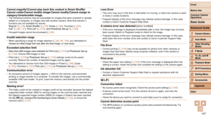 Page 147147
1
2
3
4
5
6
7
8
9
10
Cover 
Before Use
Common Camera 
Operations
Advanced Guide
Camera Basics
Auto Mode
Other Shooting 
Modes
P Mode
Playback Mode
Wi-Fi Functions
Setting Menu
Accessories
Appendix
Index
Basic Guide
Tv, Av, and M 
Mode
Cannot	magnify!/Cannot	play	back	this	content	in	Smart	Shuffle/
Cannot rotate/Cannot modify image/Cannot modify/Cannot assign to 
category/Unselectable image.
•	 The following functions may be unavailable for images that were renamed \
or already 
edited on a computer,...