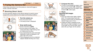 Page 1616
1
2
3
4
5
6
7
8
9
10
Cover 
Before Use
Common Camera 
Operations
Advanced Guide
Camera Basics
Auto Mode
Other Shooting 
Modes
P Mode
Playback Mode
Wi-Fi Functions
Setting Menu
Accessories
Appendix
Index
Basic Guide
Tv, Av, and M 
Mode
Still ImagesMovies
Tr ying the Camera Out
Follow these instructions to turn the camera on, shoot still images or 
movies, and then view them.
Shooting (Smart Auto)
For fully automatic selection of the optimal settings for specific scenes, 
simply let the camera determine...