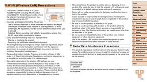 Page 165165
1
2
3
4
5
6
7
8
9
10
Cover 
Before Use
Common Camera 
Operations
Advanced Guide
Camera Basics
Auto Mode
Other Shooting 
Modes
P Mode
Playback Mode
Wi-Fi Functions
Setting Menu
Accessories
Appendix
Index
Basic Guide
Tv, Av, and M 
Mode
Wi-Fi (Wireless LAN) Precautions
•	 The camera’s model number is PC2009/
PC2060/PC2008 (including WLAN module 
model WM219). To identify your model, check 
the label on the bottom of the camera for a 
number beginning with  PC.
•	
    
  
•	 Doing any of the following...