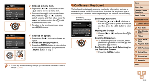 Page 2424
1
2
3
4
5
6
7
8
9
10
Cover 
Before Use
Common Camera 
Operations
Advanced Guide
Camera Basics
Auto Mode
Other Shooting 
Modes
P Mode
Playback Mode
Wi-Fi Functions
Setting Menu
Accessories
Appendix
Index
Basic Guide
Tv, Av, and M 
Mode
3 Choose a menu item.
zzPress the  buttons or turn the 
 dial to choose a menu item.
zzFor menu items with options not shown, 
first press the  or  button to 
switch screens, and then either press the 
 buttons or turn the  dial 
to select the menu item.
zzTo return to...