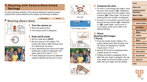 Page 2727
1
2
3
4
5
6
7
8
9
10
Cover 
Before Use
Common Camera 
Operations
Advanced Guide
Camera Basics
Auto Mode
Other Shooting 
Modes
P Mode
Playback Mode
Wi-Fi Functions
Setting Menu
Accessories
Appendix
Index
Basic Guide
Tv, Av, and M 
Mode
3 Compose the shot.
zzTo zoom in and enlarge the subject, move 
the zoom lever toward < i> (telephoto), 
and to zoom away from the subject, move 
it toward  (wide angle). (A zoom bar 
showing the zoom position is displayed.)
zzTo zoom in or out quickly, move the zoom...