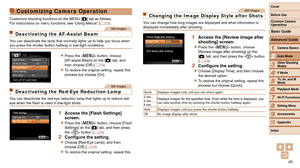 Page 4040
1
2
3
4
5
6
7
8
9
10
Cover 
Before Use
Common Camera 
Operations
Advanced Guide
Camera Basics
Auto Mode
Other Shooting 
Modes
P Mode
Playback Mode
Wi-Fi Functions
Setting Menu
Accessories
Appendix
Index
Basic Guide
Tv, Av, and M 
Mode
Customizing Camera Operation
Customize shooting functions on the MENU [ 4] tab as follows.
For instructions on menu functions, see “Using Menus” ( =  23).
Still Images
Deactivating the AF-Assist Beam
You can deactivate the lamp that normally lights up to help you focus...