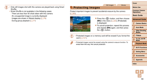 Page 8080
1
2
3
4
5
6
7
8
9
10
Cover 
Before Use
Common Camera 
Operations
Advanced Guide
Camera Basics
Auto Mode
Other Shooting 
Modes
P Mode
Playback Mode
Wi-Fi Functions
Setting Menu
Accessories
Appendix
Index
Basic Guide
Tv, Av, and M 
Mode
•	 Only still images shot with this camera are played back using Smart 
Shuffle.
•	 Smart Shuffle is not available in the following cases:
-
 There are less than 50 shots taken with this camera
- An unsupported image is currently displayed
- Images are shown in filtered...