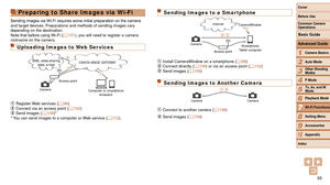 Page 9595
1
2
3
4
5
6
7
8
9
10
Cover 
Before Use
Common Camera 
Operations
Advanced Guide
Camera Basics
Auto Mode
Other Shooting 
Modes
P Mode
Playback Mode
Wi-Fi Functions
Setting Menu
Accessories
Appendix
Index
Basic Guide
Tv, Av, and M 
Mode
Preparing to Share Images via Wi-Fi
Sending images via Wi-Fi requires some initial preparation on the camera 
and target devices. Preparations and methods of sending images vary 
depending on the destination.
Note that before using Wi-Fi (=
  101), you will need to...