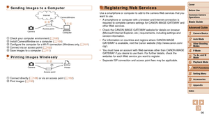 Page 9696
1
2
3
4
5
6
7
8
9
10
Cover 
Before Use
Common Camera 
Operations
Advanced Guide
Camera Basics
Auto Mode
Other Shooting 
Modes
P Mode
Playback Mode
Wi-Fi Functions
Setting Menu
Accessories
Appendix
Index
Basic Guide
Tv, Av, and M 
Mode
Sending Images to a Computer
Camera Computer
Access point Internet
CameraWindow
 Check your computer environment (
=  100) Install CameraWindow on a computer ( =  100) Configure the computer for a Wi-Fi connection (Windows only, =  101) Connect via an access point (=...