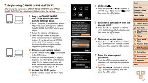 Page 9797
1
2
3
4
5
6
7
8
9
10
Cover 
Before Use
Common Camera 
Operations
Advanced Guide
Camera Basics
Auto Mode
Other Shooting 
Modes
P Mode
Playback Mode
Wi-Fi Functions
Setting Menu
Accessories
Appendix
Index
Basic Guide
Tv, Av, and M 
Mode
4 Choose [].
zzPress the  buttons or 
turn the  dial to choose [], and 
then press the  button.
5 Establish a connection with the 
access point.
zzPress the  buttons or turn the 
 dial to choose [Authenticate], and 
then press the  button.
6 Choose an access point....