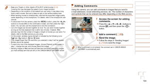 Page 104104
Before Use
Basic Guide
Advanced Guide
Camera Basics
Auto Mode / Hybrid 
Auto Mode
Other Shooting 
Modes
P Mode
Playback Mode
Wi-Fi Functions
Setting Menu
Accessories
Appendix
Index
Before Use
Basic Guide
Advanced Guide
Camera Basics
Auto Mode / Hybrid 
Auto Mode
Other Shooting 
Modes
P Mode
Playback Mode
Wi-Fi Functions
Setting Menu
Accessories
Appendix
Index
Adding Comments
Using the camera, you can add comments to images that you send to 
e-mail addresses, social networking services, etc. The...