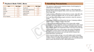 Page 153153
Before Use
Basic Guide
Advanced Guide
Camera Basics
Auto Mode / Hybrid 
Auto Mode
Other Shooting 
Modes
P Mode
Playback Mode
Wi-Fi Functions
Setting Menu
Accessories
Appendix
Index
Playback Mode FUNC. Menu
ItemRef. Page ItemRef. Page
Rotate =
  78Play Movie
=  66
Protect =
  73Play Linked Digest Movie
=  68
Favorites =
  79Smart Shuffle
=  72
Erase =
  76Image Search
=  69
Print =
  130Slideshow
=  71
Group Playback =
  70
Handling Precautions
•	The camera is a high-precision electronic device. Avoid...