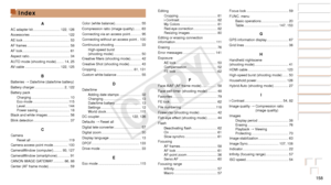Page 158158
Before Use
Basic Guide
Advanced Guide
Camera Basics
Auto Mode / Hybrid 
Auto Mode
Other Shooting 
Modes
P Mode
Playback Mode
Wi-Fi Functions
Setting Menu
Accessories
Appendix
Index
Before Use
Basic Guide
Advanced Guide
Camera Basics
Auto Mode / Hybrid 
Auto Mode
Other Shooting 
Modes
P Mode
Playback Mode
Wi-Fi Functions
Setting Menu
Accessories
Appendix
Index
Focus lock ...........................................59
FUNC. menu Basic operations
 ............................ 20
Table...