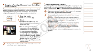 Page 4343
Before Use
Basic Guide
Advanced Guide
Camera Basics
Auto Mode / Hybrid 
Auto Mode
Other Shooting 
Modes
P Mode
Playback Mode
Wi-Fi Functions
Setting Menu
Accessories
Appendix
Index
Before Use
Basic Guide
Advanced Guide
Camera Basics
Auto Mode / Hybrid 
Auto Mode
Other Shooting 
Modes
P Mode
Playback Mode
Wi-Fi Functions
Setting Menu
Accessories
Appendix
Index
Still Images
Enjoying a Variety of  Images from Each Shot 
(Creative Shot)
The camera determines the subject and shooting conditions,...