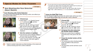 Page 4747
Before Use
Basic Guide
Advanced Guide
Camera Basics
Auto Mode / Hybrid 
Auto Mode
Other Shooting 
Modes
P Mode
Playback Mode
Wi-Fi Functions
Setting Menu
Accessories
Appendix
Index
Before Use
Basic Guide
Advanced Guide
Camera Basics
Auto Mode / Hybrid 
Auto Mode
Other Shooting 
Modes
P Mode
Playback Mode
Wi-Fi Functions
Setting Menu
Accessories
Appendix
Index
Special Modes for Other Purposes
Still Images
Auto Shooting after Face Detection 
(Smart Shutter)
Auto Shooting after Smile DetectionThe camera...