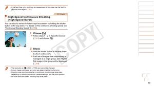 Page 5050
Before Use
Basic Guide
Advanced Guide
Camera Basics
Auto Mode / Hybrid 
Auto Mode
Other Shooting 
Modes
P Mode
Playback Mode
Wi-Fi Functions
Setting Menu
Accessories
Appendix
Index
Before Use
Basic Guide
Advanced Guide
Camera Basics
Auto Mode / Hybrid 
Auto Mode
Other Shooting 
Modes
P Mode
Playback Mode
Wi-Fi Functions
Setting Menu
Accessories
Appendix
Index
•	If the flash fires, your shot may be overexposed. In this case, set the flash to 
[!] and shoot again ( =  61).
Still Images
High-Speed...