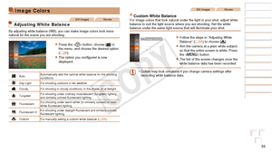 Page 5555
Before Use
Basic Guide
Advanced Guide
Camera Basics
Auto Mode / Hybrid 
Auto Mode
Other Shooting 
Modes
P Mode
Playback Mode
Wi-Fi Functions
Setting Menu
Accessories
Appendix
Index
Before Use
Basic Guide
Advanced Guide
Camera Basics
Auto Mode / Hybrid 
Auto Mode
Other Shooting 
Modes
P Mode
Playback Mode
Wi-Fi Functions
Setting Menu
Accessories
Appendix
Index
Image Colors
Still ImagesMovies
Adjusting White Balance
By adjusting white balance (WB), you can make image colors look more 
natural for the...