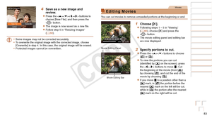 Page 8383
Before Use
Basic Guide
Advanced Guide
Camera Basics
Auto Mode / Hybrid 
Auto Mode
Other Shooting 
Modes
P Mode
Playback Mode
Wi-Fi Functions
Setting Menu
Accessories
Appendix
Index
Before Use
Basic Guide
Advanced Guide
Camera Basics
Auto Mode / Hybrid 
Auto Mode
Other Shooting 
Modes
P Mode
Playback Mode
Wi-Fi Functions
Setting Menu
Accessories
Appendix
Index
4 Save as a new image and 
review.
zzPress the  buttons to 
choose [New File], and then press the 
 button.
zzThe image is now saved as a new...