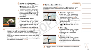 Page 8484
Before Use
Basic Guide
Advanced Guide
Camera Basics
Auto Mode / Hybrid 
Auto Mode
Other Shooting 
Modes
P Mode
Playback Mode
Wi-Fi Functions
Setting Menu
Accessories
Appendix
Index
Before Use
Basic Guide
Advanced Guide
Camera Basics
Auto Mode / Hybrid 
Auto Mode
Other Shooting 
Modes
P Mode
Playback Mode
Wi-Fi Functions
Setting Menu
Accessories
Appendix
Index
3 Review the edited movie.
zzPress the  buttons to choose 
[], and then press the  button. 
The edited movie is now played.
zzTo edit the movie...