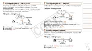Page 8787
Before Use
Basic Guide
Advanced Guide
Camera Basics
Auto Mode / Hybrid 
Auto Mode
Other Shooting 
Modes
P Mode
Playback Mode
Wi-Fi Functions
Setting Menu
Accessories
Appendix
Index
Before Use
Basic Guide
Advanced Guide
Camera Basics
Auto Mode / Hybrid 
Auto Mode
Other Shooting 
Modes
P Mode
Playback Mode
Wi-Fi Functions
Setting Menu
Accessories
Appendix
Index
Sending Images to a Smar tphone
Send images to smartphones and tablet computers that have Wi-Fi 
functions. You can also shoot remotely and...