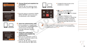 Page 9090
Before Use
Basic Guide
Advanced Guide
Camera Basics
Auto Mode / Hybrid 
Auto Mode
Other Shooting 
Modes
P Mode
Playback Mode
Wi-Fi Functions
Setting Menu
Accessories
Appendix
Index
Before Use
Basic Guide
Advanced Guide
Camera Basics
Auto Mode / Hybrid 
Auto Mode
Other Shooting 
Modes
P Mode
Playback Mode
Wi-Fi Functions
Setting Menu
Accessories
Appendix
Index
8 Choose [Auto] and establish the 
connection.
zzPress the  buttons to choose 
[Auto], and then press the  button.
zzOnce the camera is...