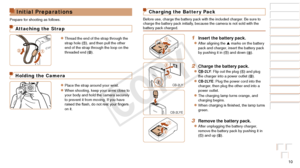 Page 1010
Before Use
Basic Guide
Advanced Guide
Camera Basics
Auto Mode / Hybrid 
Auto Mode
Other Shooting 
Modes
P Mode
Playback Mode
Wi-Fi Functions
Setting Menu
Accessories
Appendix
Index
Initial Preparations
Prepare for shooting as follows.
Attaching the Strap
zzThread the end of the strap through the 
strap hole (), and then pull the other 
end of the strap through the loop on the 
threaded end (
).
Holding the Camera
zzPlace the strap around your wrist.
zzWhen shooting, keep your arms close to 
your body...