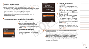 Page 9999
Before Use
Basic Guide
Advanced Guide
Camera Basics
Auto Mode / Hybrid 
Auto Mode
Other Shooting 
Modes
P Mode
Playback Mode
Wi-Fi Functions
Setting Menu
Accessories
Appendix
Index
Before Use
Basic Guide
Advanced Guide
Camera Basics
Auto Mode / Hybrid 
Auto Mode
Other Shooting 
Modes
P Mode
Playback Mode
Wi-Fi Functions
Setting Menu
Accessories
Appendix
Index
Previous Access PointsYou can reconnect to any previous access points automatically by followin\
g 
step 4 in “Connecting to WPS-Compatible...