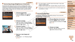 Page 109Before Use
Basic Guide
Advanced Guide
Camera Basics
Auto Mode / Hybrid 
Auto Mode
Other Shooting 
Modes
P Mode
Tv, Av, and M Mode
Playback Mode
Wi-Fi Functions
Setting Menu
Accessories
Appendix
Index
109
Before Use
Basic Guide
Advanced Guide
Camera Basics
Auto Mode / Hybrid 
Auto Mode
Other Shooting 
Modes
P Mode
Tv, Av, and M Mode
Playback Mode
Wi-Fi Functions
Setting Menu
Accessories
Appendix
Index
Still Images
Correcting Image Brightness (i-Contrast)
Excessively dark image areas (such as faces or...