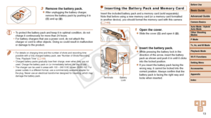 Page 13Before Use
Basic Guide
Advanced Guide
Camera Basics
Auto Mode / Hybrid 
Auto Mode
Other Shooting 
Modes
P Mode
Tv, Av, and M Mode
Playback Mode
Wi-Fi Functions
Setting Menu
Accessories
Appendix
Index
13
Before Use
Basic Guide
Advanced Guide
Camera Basics
Auto Mode / Hybrid 
Auto Mode
Other Shooting 
Modes
P Mode
Tv, Av, and M Mode
Playback Mode
Wi-Fi Functions
Setting Menu
Accessories
Appendix
Index
3 Remove the battery pack.
zzAfter unplugging the battery charger, 
remove the battery pack by pushing it...