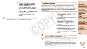Page 140Before Use
Basic Guide
Advanced Guide
Camera Basics
Auto Mode / Hybrid 
Auto Mode
Other Shooting 
Modes
P Mode
Tv, Av, and M Mode
Playback Mode
Wi-Fi Functions
Setting Menu
Accessories
Appendix
Index
140
Before Use
Basic Guide
Advanced Guide
Camera Basics
Auto Mode / Hybrid 
Auto Mode
Other Shooting 
Modes
P Mode
Tv, Av, and M Mode
Playback Mode
Wi-Fi Functions
Setting Menu
Accessories
Appendix
Index
Sending Images
Images sent from the camera are automatically saved to the computer.
If the computer that...