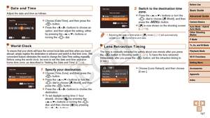 Page 147Before Use
Basic Guide
Advanced Guide
Camera Basics
Auto Mode / Hybrid 
Auto Mode
Other Shooting 
Modes
P Mode
Tv, Av, and M Mode
Playback Mode
Wi-Fi Functions
Setting Menu
Accessories
Appendix
Index
147
Before Use
Basic Guide
Advanced Guide
Camera Basics
Auto Mode / Hybrid 
Auto Mode
Other Shooting 
Modes
P Mode
Tv, Av, and M Mode
Playback Mode
Wi-Fi Functions
Setting Menu
Accessories
Appendix
Index
Date and Time
Adjust the date and time as follows.
zzChoose [Date/Time], and then press the 
 button....