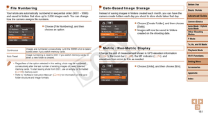 Page 151Before Use
Basic Guide
Advanced Guide
Camera Basics
Auto Mode / Hybrid 
Auto Mode
Other Shooting 
Modes
P Mode
Tv, Av, and M Mode
Playback Mode
Wi-Fi Functions
Setting Menu
Accessories
Appendix
Index
151
Before Use
Basic Guide
Advanced Guide
Camera Basics
Auto Mode / Hybrid 
Auto Mode
Other Shooting 
Modes
P Mode
Tv, Av, and M Mode
Playback Mode
Wi-Fi Functions
Setting Menu
Accessories
Appendix
Index
File Numbering
Your shots are automatically numbered in sequential order (0001 – 9999) 
and saved in...