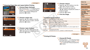 Page 165Before Use
Basic Guide
Advanced Guide
Camera Basics
Auto Mode / Hybrid 
Auto Mode
Other Shooting 
Modes
P Mode
Tv, Av, and M Mode
Playback Mode
Wi-Fi Functions
Setting Menu
Accessories
Appendix
Index
165
Before Use
Basic Guide
Advanced Guide
Camera Basics
Auto Mode / Hybrid 
Auto Mode
Other Shooting 
Modes
P Mode
Tv, Av, and M Mode
Playback Mode
Wi-Fi Functions
Setting Menu
Accessories
Appendix
Index
Still Images
Choosing Paper Size and Layout before Printing
1 Choose [Paper Settings].
zzAfter following...
