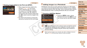 Page 169Before Use
Basic Guide
Advanced Guide
Camera Basics
Auto Mode / Hybrid 
Auto Mode
Other Shooting 
Modes
P Mode
Tv, Av, and M Mode
Playback Mode
Wi-Fi Functions
Setting Menu
Accessories
Appendix
Index
169
Before Use
Basic Guide
Advanced Guide
Camera Basics
Auto Mode / Hybrid 
Auto Mode
Other Shooting 
Modes
P Mode
Tv, Av, and M Mode
Playback Mode
Wi-Fi Functions
Setting Menu
Accessories
Appendix
Index
Still Images
Printing	Images	Added	to	the	Print	List	(DPOF)
zzWhen images have been added to the 
print...