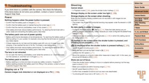 Page 172Before Use
Basic Guide
Advanced Guide
Camera Basics
Auto Mode / Hybrid 
Auto Mode
Other Shooting 
Modes
P Mode
Tv, Av, and M Mode
Playback Mode
Wi-Fi Functions
Setting Menu
Accessories
Appendix
Index
172
Before Use
Basic Guide
Advanced Guide
Camera Basics
Auto Mode / Hybrid 
Auto Mode
Other Shooting 
Modes
P Mode
Tv, Av, and M Mode
Playback Mode
Wi-Fi Functions
Setting Menu
Accessories
Appendix
Index
Troubleshooting
If you think there is a problem with the camera, first check the following. 
If the items...