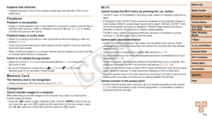 Page 174Before Use
Basic Guide
Advanced Guide
Camera Basics
Auto Mode / Hybrid 
Auto Mode
Other Shooting 
Modes
P Mode
Tv, Av, and M Mode
Playback Mode
Wi-Fi Functions
Setting Menu
Accessories
Appendix
Index
174
Before Use
Basic Guide
Advanced Guide
Camera Basics
Auto Mode / Hybrid 
Auto Mode
Other Shooting 
Modes
P Mode
Tv, Av, and M Mode
Playback Mode
Wi-Fi Functions
Setting Menu
Accessories
Appendix
Index
Subjects look distorted.•	Subjects that pass in front of the camera quickly may look distorted.  This is...