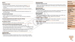 Page 177Before Use
Basic Guide
Advanced Guide
Camera Basics
Auto Mode / Hybrid 
Auto Mode
Other Shooting 
Modes
P Mode
Tv, Av, and M Mode
Playback Mode
Wi-Fi Functions
Setting Menu
Accessories
Appendix
Index
177
Before Use
Basic Guide
Advanced Guide
Camera Basics
Auto Mode / Hybrid 
Auto Mode
Other Shooting 
Modes
P Mode
Tv, Av, and M Mode
Playback Mode
Wi-Fi Functions
Setting Menu
Accessories
Appendix
Index
Wi-Fi
Connection failed•	No access points were recognized. Check the access point settings ( =  124).
•...