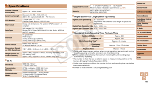 Page 189Before Use
Basic Guide
Advanced Guide
Camera Basics
Auto Mode / Hybrid 
Auto Mode
Other Shooting 
Modes
P Mode
Tv, Av, and M Mode
Playback Mode
Wi-Fi Functions
Setting Menu
Accessories
Appendix
Index
189
Before Use
Basic Guide
Advanced Guide
Camera Basics
Auto Mode / Hybrid 
Auto Mode
Other Shooting 
Modes
P Mode
Tv, Av, and M Mode
Playback Mode
Wi-Fi Functions
Setting Menu
Accessories
Appendix
Index
Specifications
Camera Effective 
Pixels	(Max.)Approx. 16.1 million pixels
Lens Focal Length 30x zoom: 4.5...