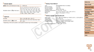 Page 191Before Use
Basic Guide
Advanced Guide
Camera Basics
Auto Mode / Hybrid 
Auto Mode
Other Shooting 
Modes
P Mode
Tv, Av, and M Mode
Playback Mode
Wi-Fi Functions
Setting Menu
Accessories
Appendix
Index
191
Before Use
Basic Guide
Advanced Guide
Camera Basics
Auto Mode / Hybrid 
Auto Mode
Other Shooting 
Modes
P Mode
Tv, Av, and M Mode
Playback Mode
Wi-Fi Functions
Setting Menu
Accessories
Appendix
Index
Shutter Speed
[] mode, automatically set range1 – 1/3200 sec.
Available values in [ M] mode (sec.)15, 13,...
