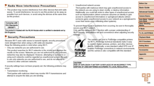 Page 195Before Use
Basic Guide
Advanced Guide
Camera Basics
Auto Mode / Hybrid 
Auto Mode
Other Shooting 
Modes
P Mode
Tv, Av, and M Mode
Playback Mode
Wi-Fi Functions
Setting Menu
Accessories
Appendix
Index
195
Before Use
Basic Guide
Advanced Guide
Camera Basics
Auto Mode / Hybrid 
Auto Mode
Other Shooting 
Modes
P Mode
Tv, Av, and M Mode
Playback Mode
Wi-Fi Functions
Setting Menu
Accessories
Appendix
Index
Radio Wave Interference Precautions
•	This product may receive interference from other devices that emit...