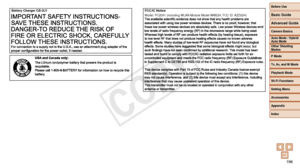 Page 196Before Use
Basic Guide
Advanced Guide
Camera Basics
Auto Mode / Hybrid 
Auto Mode
Other Shooting 
Modes
P Mode
Tv, Av, and M Mode
Playback Mode
Wi-Fi Functions
Setting Menu
Accessories
Appendix
Index
196
Before Use
Basic Guide
Advanced Guide
Camera Basics
Auto Mode / Hybrid 
Auto Mode
Other Shooting 
Modes
P Mode
Tv, Av, and M Mode
Playback Mode
Wi-Fi Functions
Setting Menu
Accessories
Appendix
Index
Battery Charger CB-2LY
 
 
 
 
 
FCC/IC NoticeModel: PC2091 (including WLAN Module Model WM224, FCC ID:...