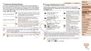 Page 33Before Use
Basic Guide
Advanced Guide
Camera Basics
Auto Mode / Hybrid 
Auto Mode
Other Shooting 
Modes
P Mode
Tv, Av, and M Mode
Playback Mode
Wi-Fi Functions
Setting Menu
Accessories
Appendix
Index
33
Before Use
Basic Guide
Advanced Guide
Camera Basics
Auto Mode / Hybrid 
Auto Mode
Other Shooting 
Modes
P Mode
Tv, Av, and M Mode
Playback Mode
Wi-Fi Functions
Setting Menu
Accessories
Appendix
Index
Continuous Shooting ScenesIf you shoot a still image when the following scene icons are displayed,\
 
the...