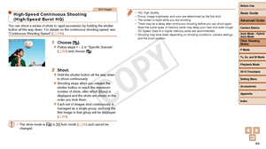 Page 64Before Use
Basic Guide
Advanced Guide
Camera Basics
Auto Mode / Hybrid 
Auto Mode
Other Shooting 
Modes
P Mode
Tv, Av, and M Mode
Playback Mode
Wi-Fi Functions
Setting Menu
Accessories
Appendix
Index
64
Before Use
Basic Guide
Advanced Guide
Camera Basics
Auto Mode / Hybrid 
Auto Mode
Other Shooting 
Modes
P Mode
Tv, Av, and M Mode
Playback Mode
Wi-Fi Functions
Setting Menu
Accessories
Appendix
Index
Still Images
High-Speed Continuous Shooting 
(High-Speed Burst HQ)
You can shoot a series of shots in...